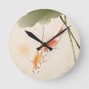 Japanese Carp fishes swimming in lotus pond Round Clock