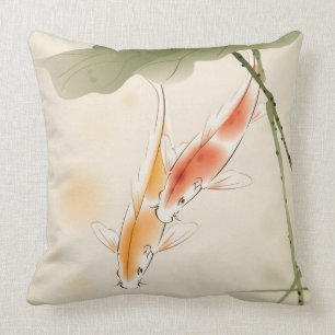 Japanese Carp fishes swimming in lotus pond Throw Pillow