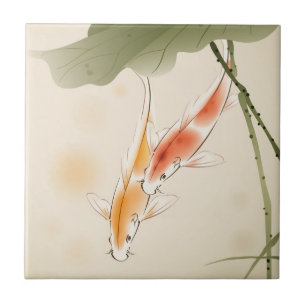Japanese Carp fishes swimming in lotus pond Tile