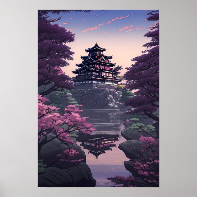 Japanese Castle in Bloom, Rocky Hilltop Fortress Poster (Front)