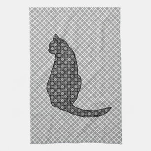 Japanese Cat - Black and White Kimono Print Kitchen Towel