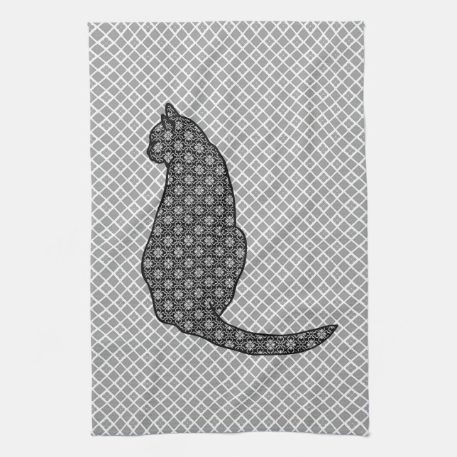 Japanese Cat - Black and White Kimono Print Kitchen Towel (Vertical)