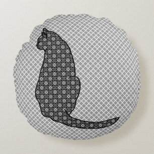 Japanese Cat - Black and White Kimono Print Round Pillow