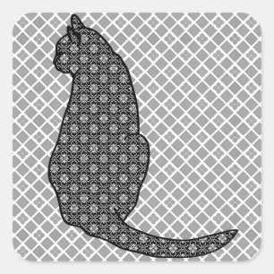 Japanese Cat - Black and White Kimono Print Square Sticker