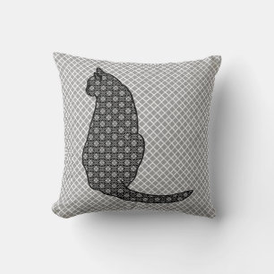 Japanese Cat - Black and White Kimono Print Throw Pillow