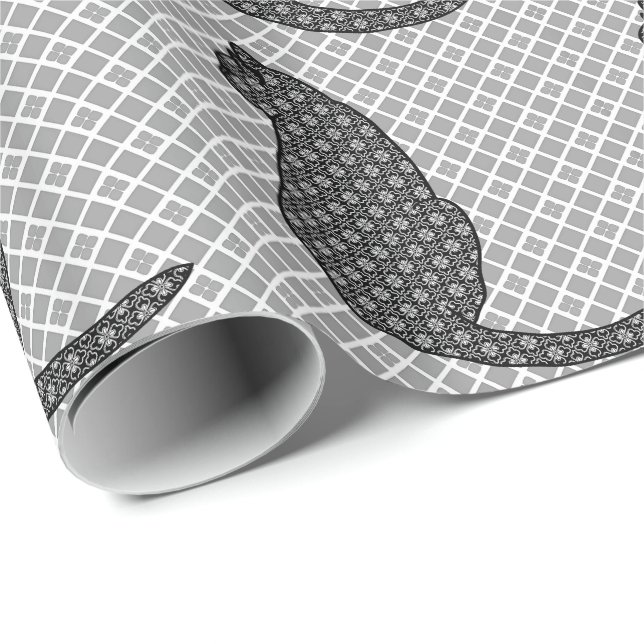 Japanese Cat - Black and White Kimono Print Wrapping Paper (Roll Corner)