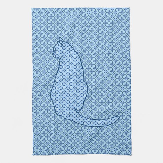 Japanese Cat - Blue Kimono Print Kitchen Towel (Vertical)