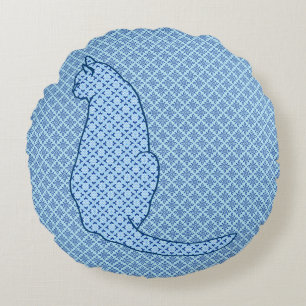 Japanese Cat - Blue Kimono Print Round Pillow