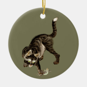Japanese Cat Catching a Frog Ceramic Ornament