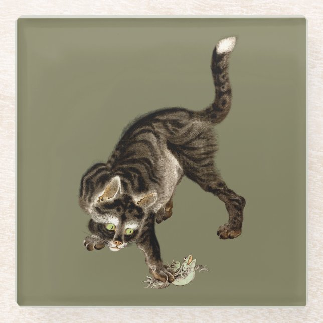 Japanese Cat Catching a Frog Glass Coaster (Front)