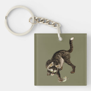 Japanese Cat Catching a Frog Keychain