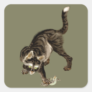 Japanese Cat Catching a Frog Square Sticker