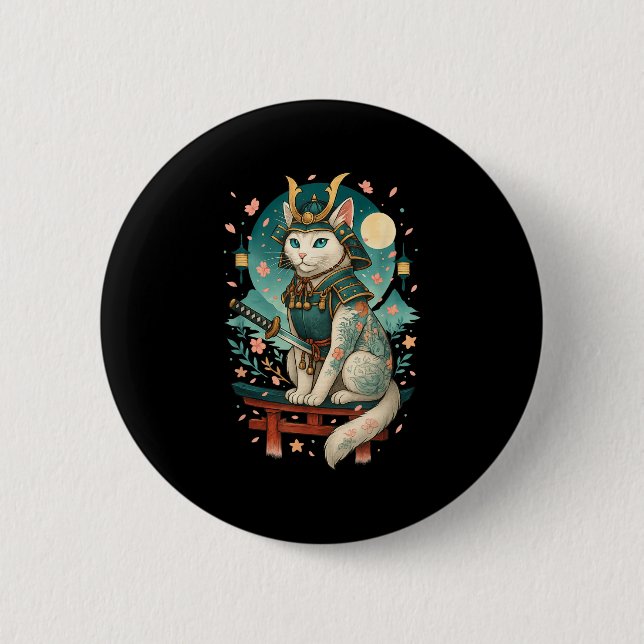 Japanese Cat Cherry Blossom Samurai Moonlight  2 Inch Round Button (Front)