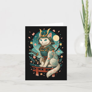 Japanese Cat Cherry Blossom Samurai Moonlight Card