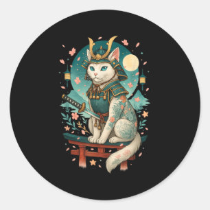 Japanese Cat Cherry Blossom Samurai Moonlight Classic Round Sticker