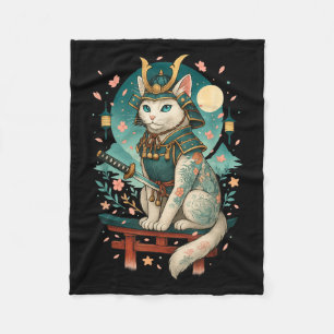 Japanese Cat Cherry Blossom Samurai Moonlight  Fleece Blanket