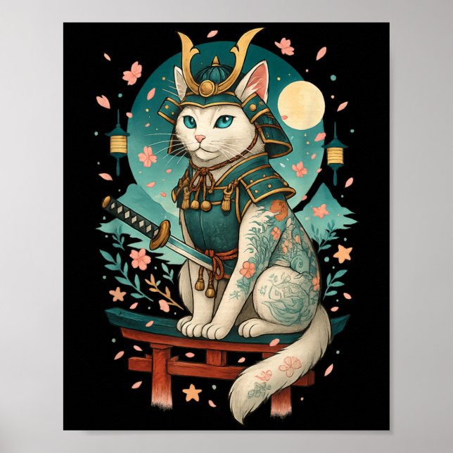 Japanese Cat Cherry Blossom Samurai Moonlight  Poster (Front)