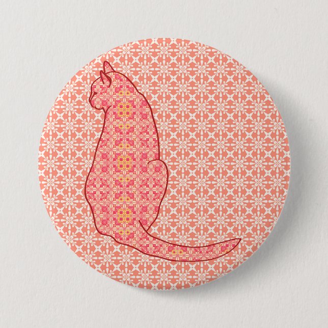 Japanese Cat - Coral Orange Batik 3 Inch Round Button (Front)