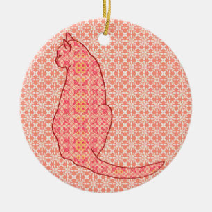 Japanese Cat - Coral Orange Batik Ceramic Ornament