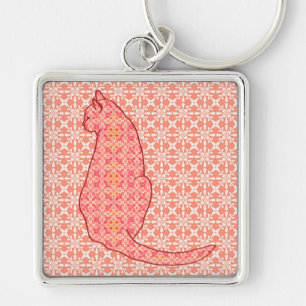 Japanese Cat - Coral Orange Batik Keychain