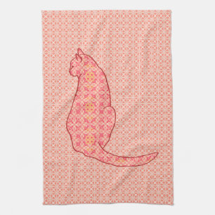 Japanese Cat - Coral Orange Batik Kitchen Towel