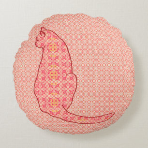 Japanese Cat - Coral Orange Batik Round Pillow