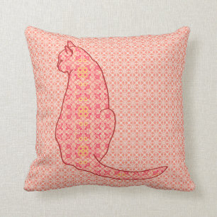 Japanese Cat - Coral Orange Batik Throw Pillow