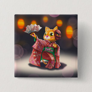 Japanese cat dancer in traditional costume 2 inch square button