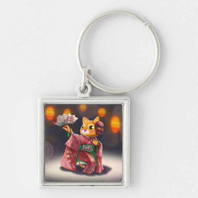 Japanese cat dancer in traditional costume  keychain (Front)