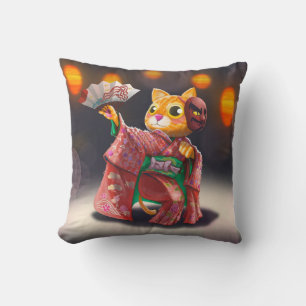 Japanese cat dancer in traditional costume throw pillow