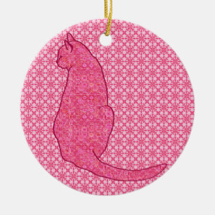 Japanese Cat - Fuchsia Pink Batik Ceramic Ornament