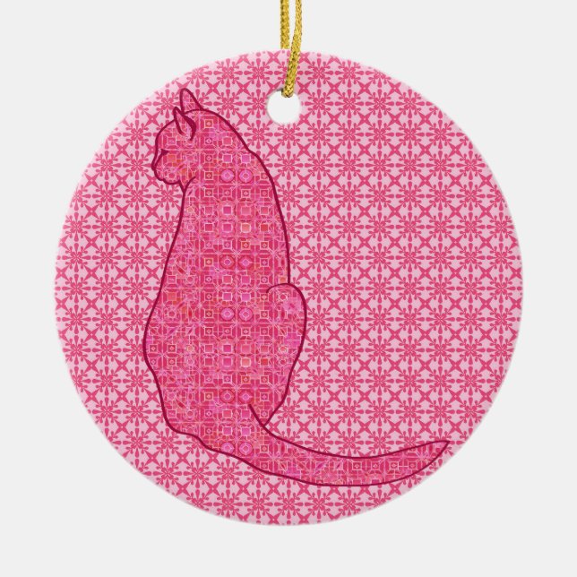 Japanese Cat - Fuchsia Pink Batik Ceramic Ornament (Front)