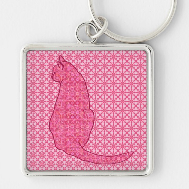 Japanese Cat - Fuchsia Pink Batik Keychain (Front)