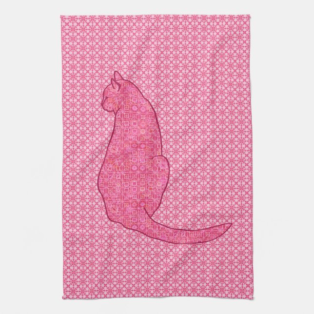 Japanese Cat - Fuchsia Pink Batik Kitchen Towel (Vertical)