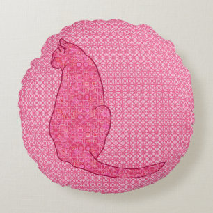 Japanese Cat - Fuchsia Pink Batik Round Pillow