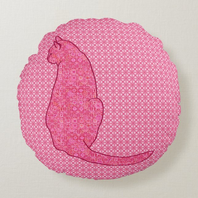 Japanese Cat - Fuchsia Pink Batik Round Pillow (Front)