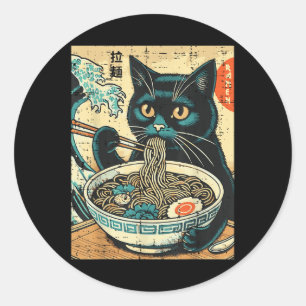 Japanese Cat Ramen Great Wave Vintage Art Food Men Classic Round Sticker
