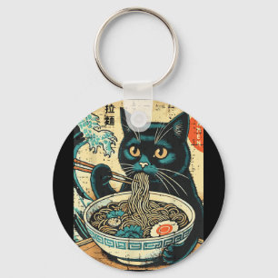Japanese Cat Ramen Great Wave Vintage Art Food Men Keychain