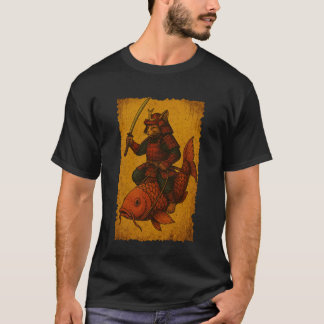 Japanese Cat Riding Koi Fish Ukiyo-e Samurai Woodb T-Shirt