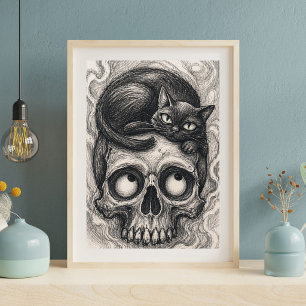 Japanese Cat Skull Art Print, Gothic Black Cat Poster