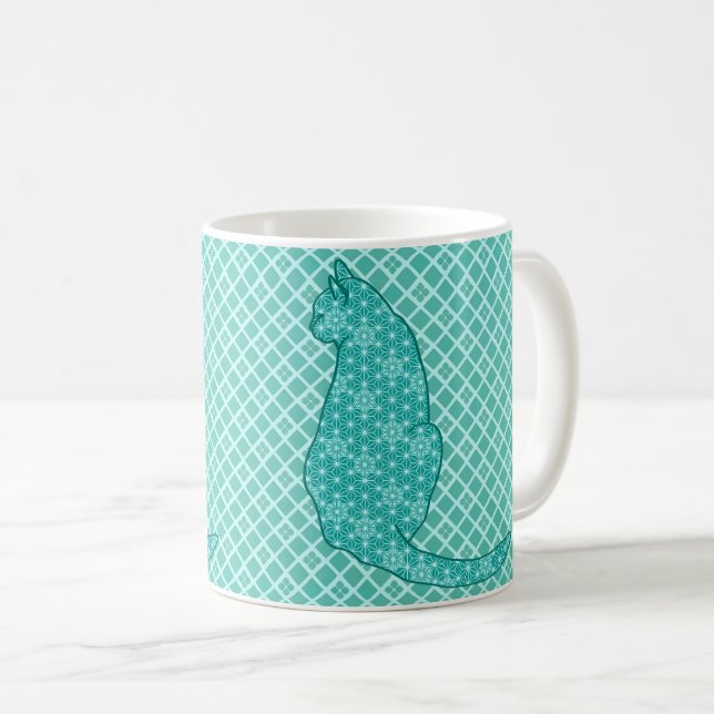 Japanese Cat - Turquoise Kimono Print Coffee Mug (Front Right)