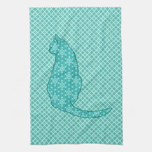 Japanese Cat - Turquoise Kimono Print Kitchen Towel
