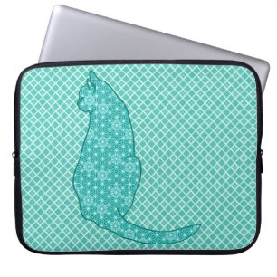 Japanese Cat - Turquoise Kimono Print Laptop Sleeve