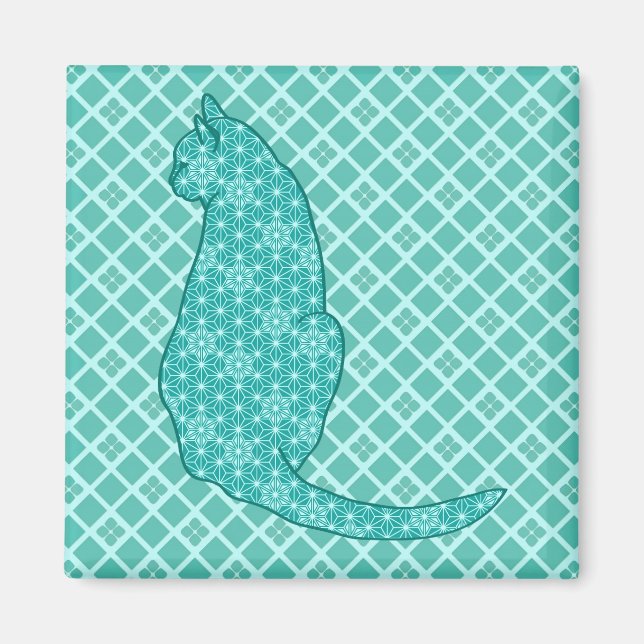 Japanese Cat - Turquoise Kimono Print Magnet (Front)