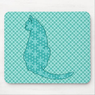 Japanese Cat - Turquoise Kimono Print Mouse Pad