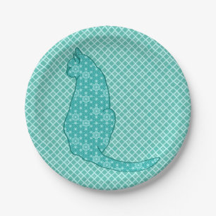 Japanese Cat - Turquoise Kimono Print Paper Plate