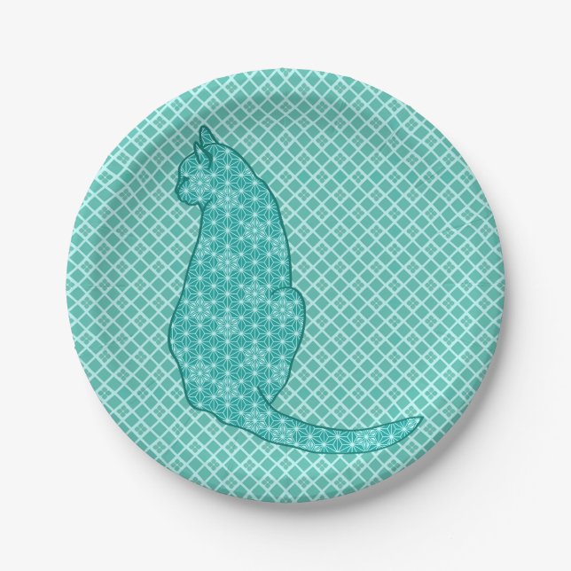 Japanese Cat - Turquoise Kimono Print Paper Plate (Front)