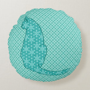 Japanese Cat - Turquoise Kimono Print Round Pillow