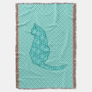Japanese Cat - Turquoise Kimono Print Throw Blanket