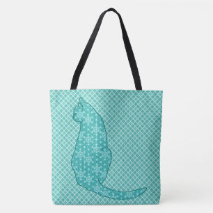 Japanese Cat - Turquoise Kimono Print Tote Bag